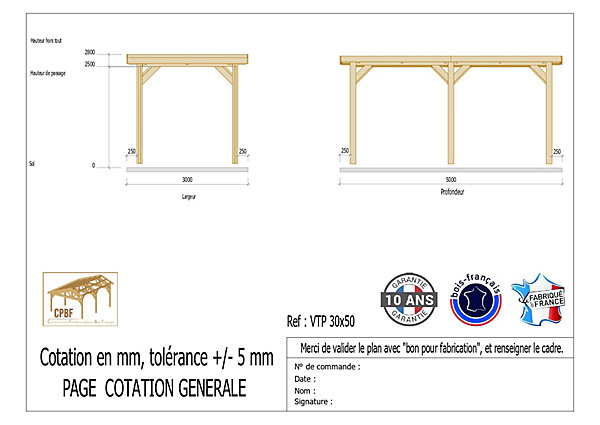 Carport toit plat, 300cmx500cm, bois DOUGLAS Français(Charpente en bois-auvent-abri voiture) 15 m². Garantie 10 ans