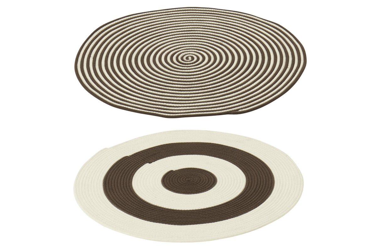 J-Line vloerkleed Rond Gestreept - polyester - donkerbruin/wit - set van 2