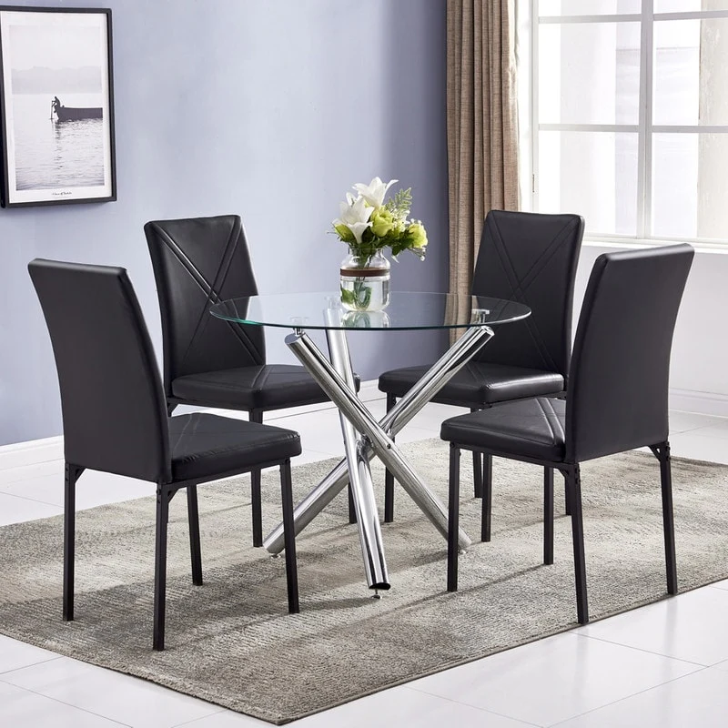 Modern Tempered Glass Table and Upholstered Chair 5-piece Dining Set