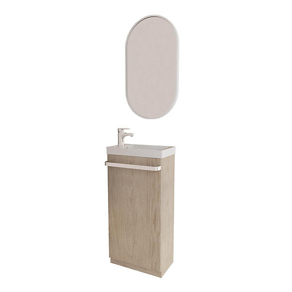 Meuble lave-mains sur pieds JOHANN décor chêne   vasque   robinet   miroir