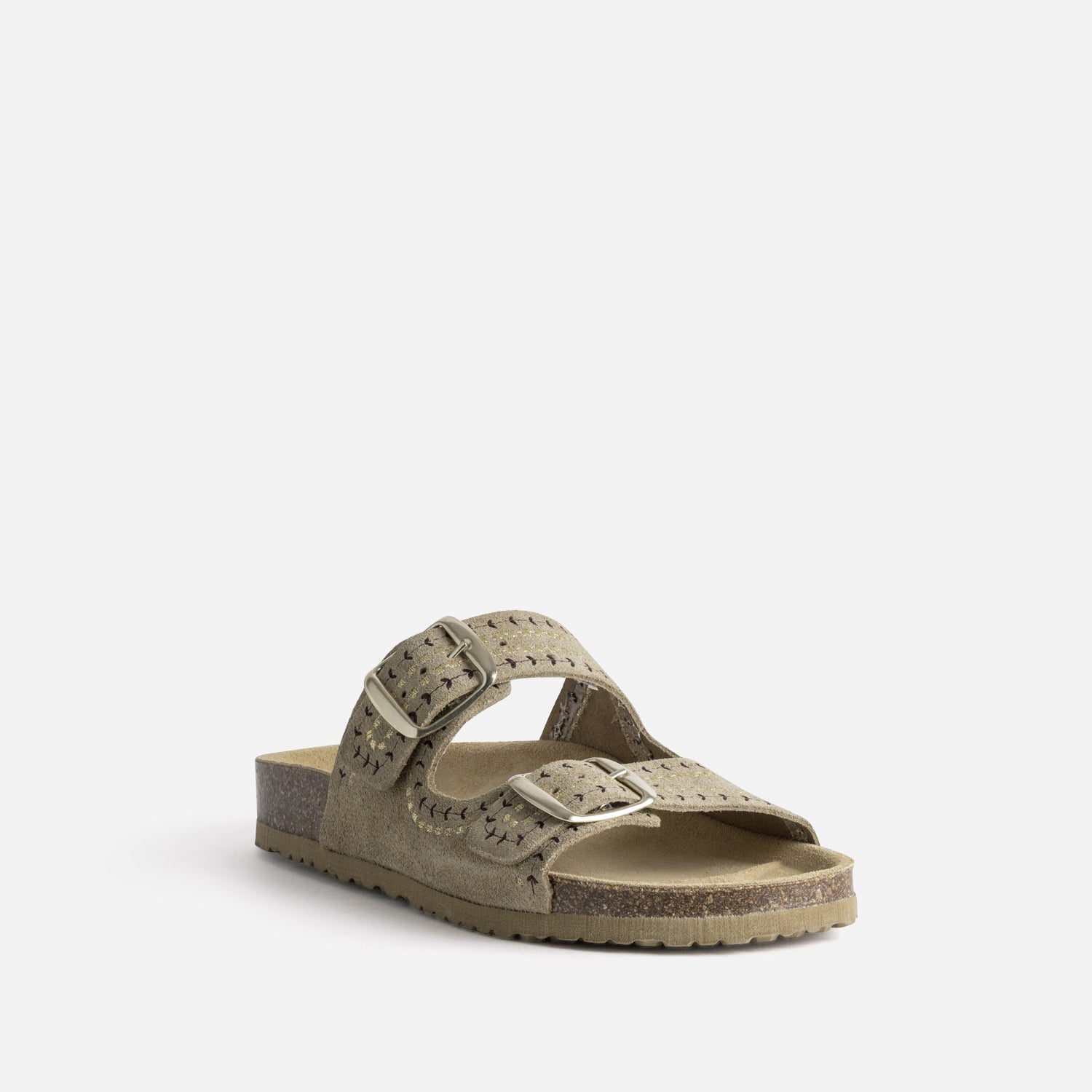 Mule anatomique taupe cuir velours brodé