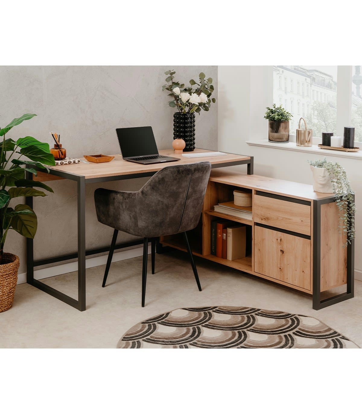 PRAGUE - Bureau d'angle modulable 1 tiroir, 1 porte effet bois - L139 x H75 cm