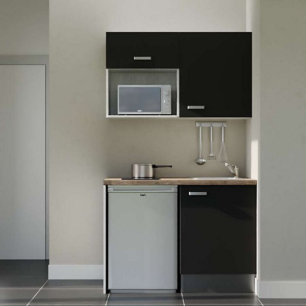 Kitchenette K07 façades Noir - Plan de travail Bois - Crédences : Non - Evier inox - Electroménager Inox inclus