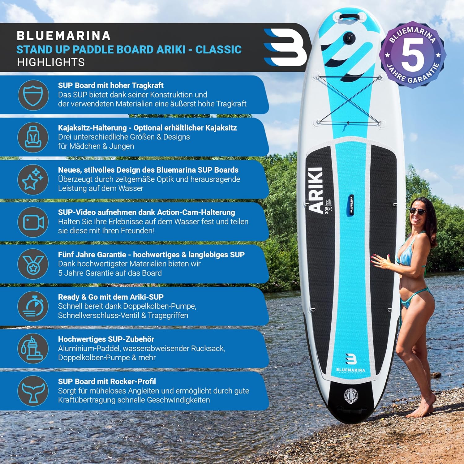 Bluemarina Stand Up Paddling Board Ariki | 𝟓 𝐉𝐀𝐇𝐑𝐄 𝐆𝐀𝐑𝐀𝐍𝐓𝐈𝐄 - SUP Board - Stand Up Paddle - Surfbrett | Ariki 305x76x15cm