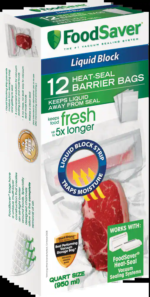 FoodSaver Liquid Block, Barrier Heat-Seal Vacuum Seal Bags/Vacuum Sealer Bags, BPA-Free, 950mL, 12-pk