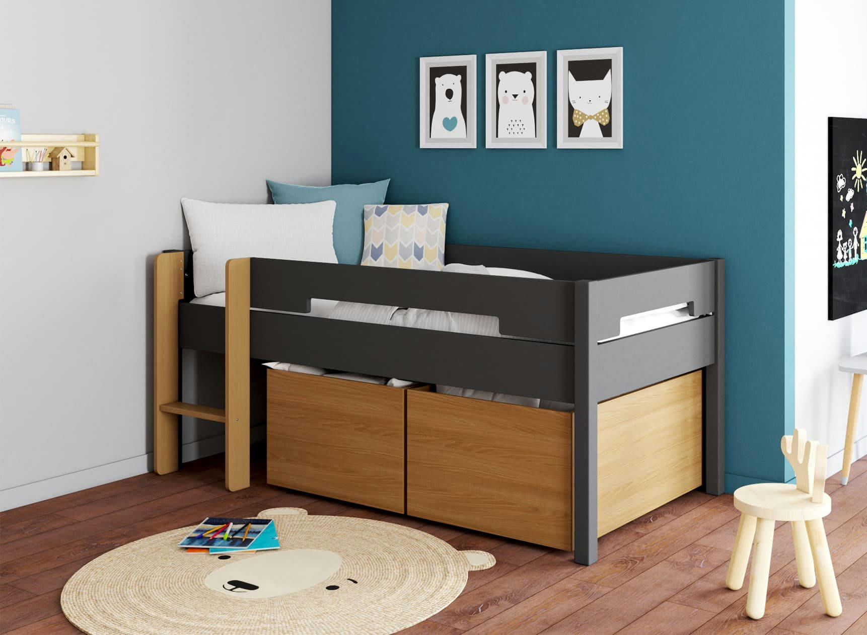 ANGEL - Lit mi-hauteur avec rangement Ardoise et Bois