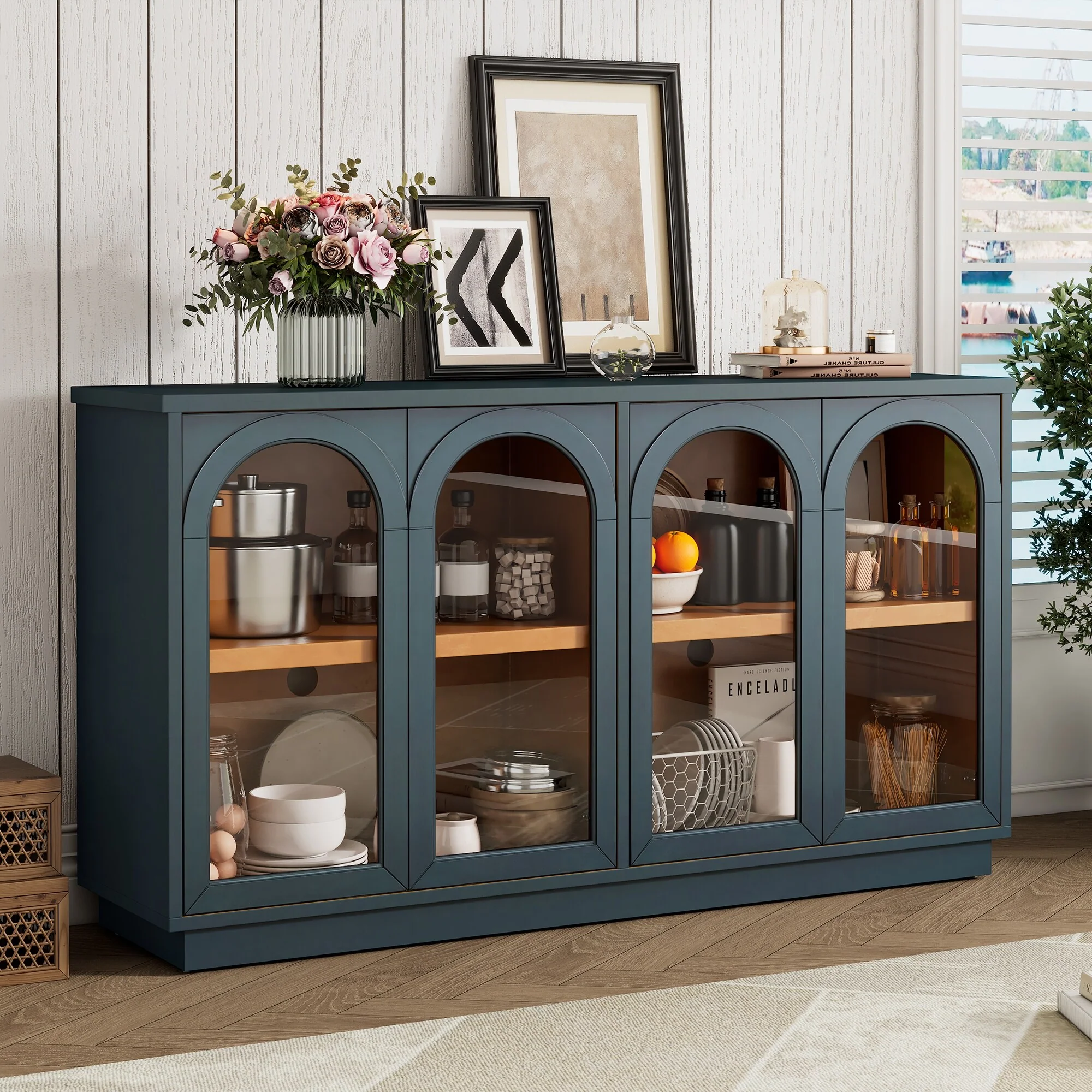 4-Door Large Storage Buffet Cabinet with Arched Glass Doors & Adjustable Shelves