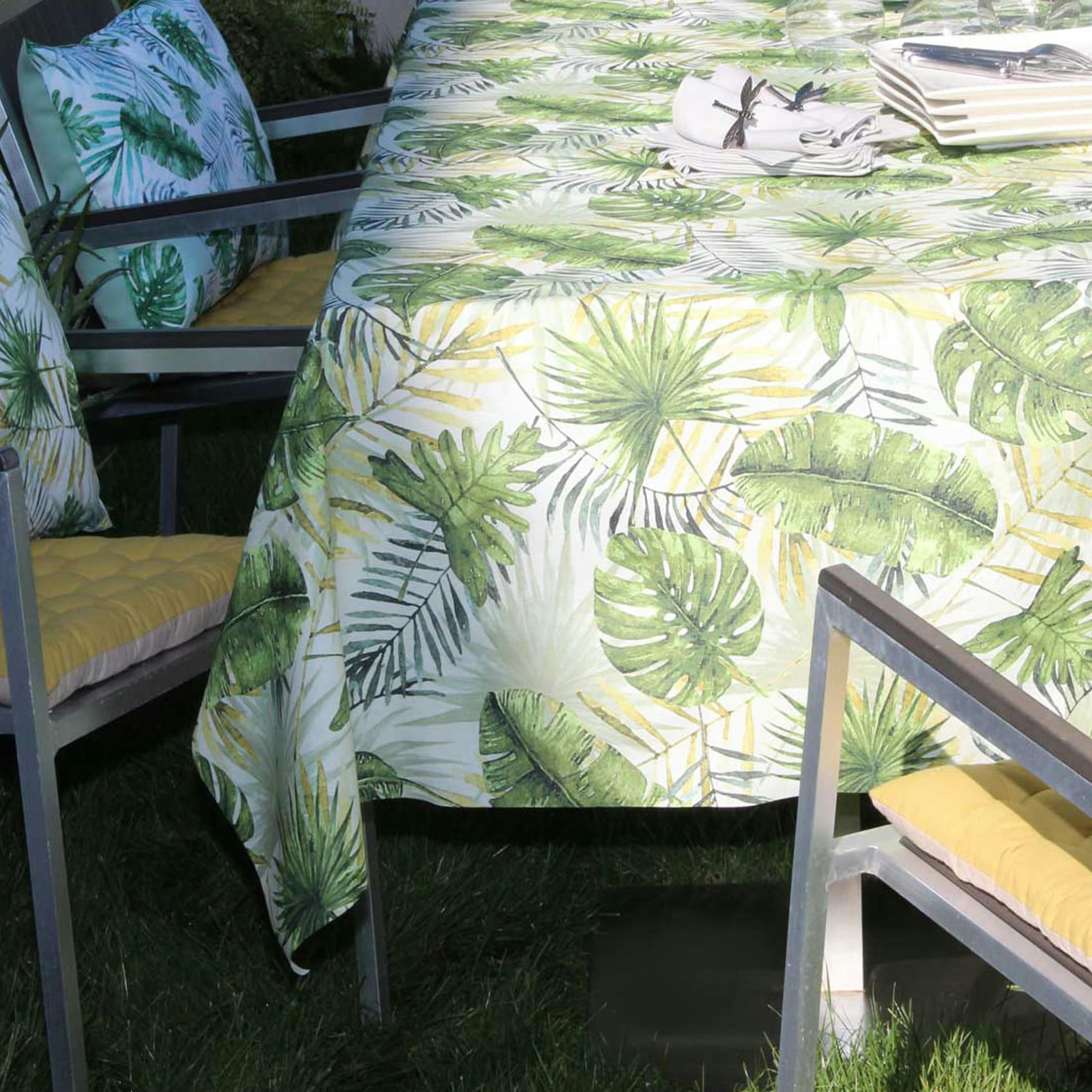 BOTANIQUE - Nappe enduite au style jungle coton vert 150x150 cm