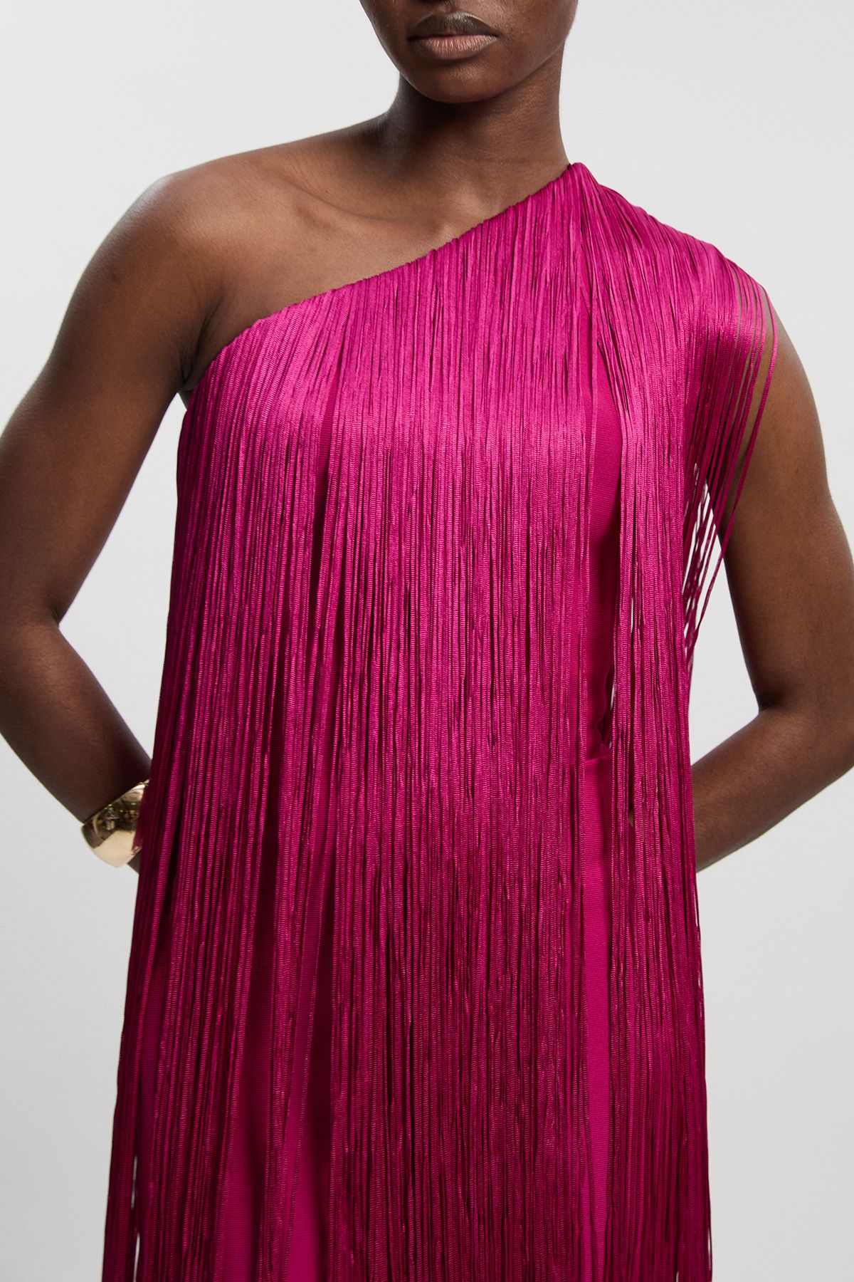 KarenMillen Figure Form Bandage One Shoulder Fringe Mini Knit Dress