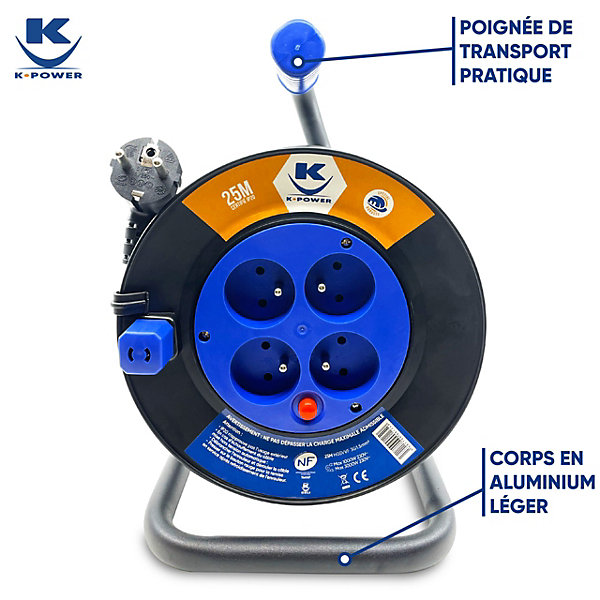 Enrouleur 25M 3G1.5 IP20 avec 4 Prises à Clapet, Robuste et Idéal pour Usage Intensif en Intérieur