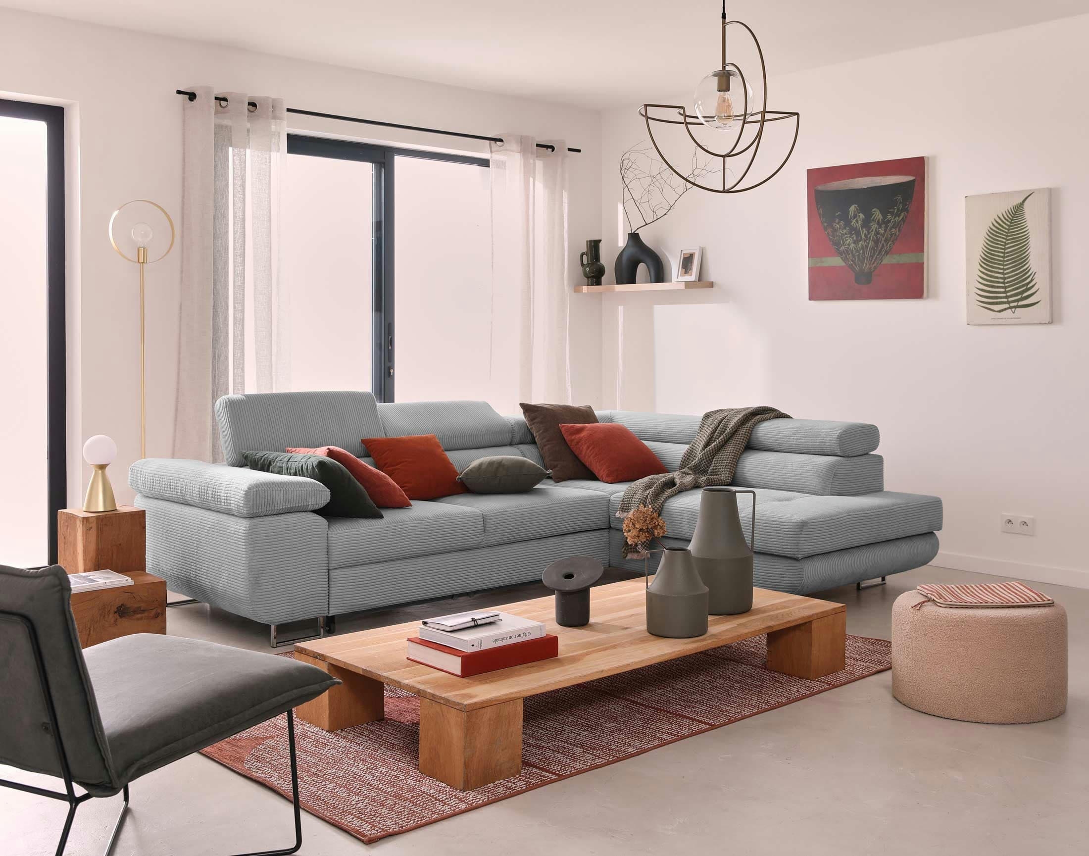 ZARIA - Canapé d'angle droit convertible 5 places en velours côtelé gris clair