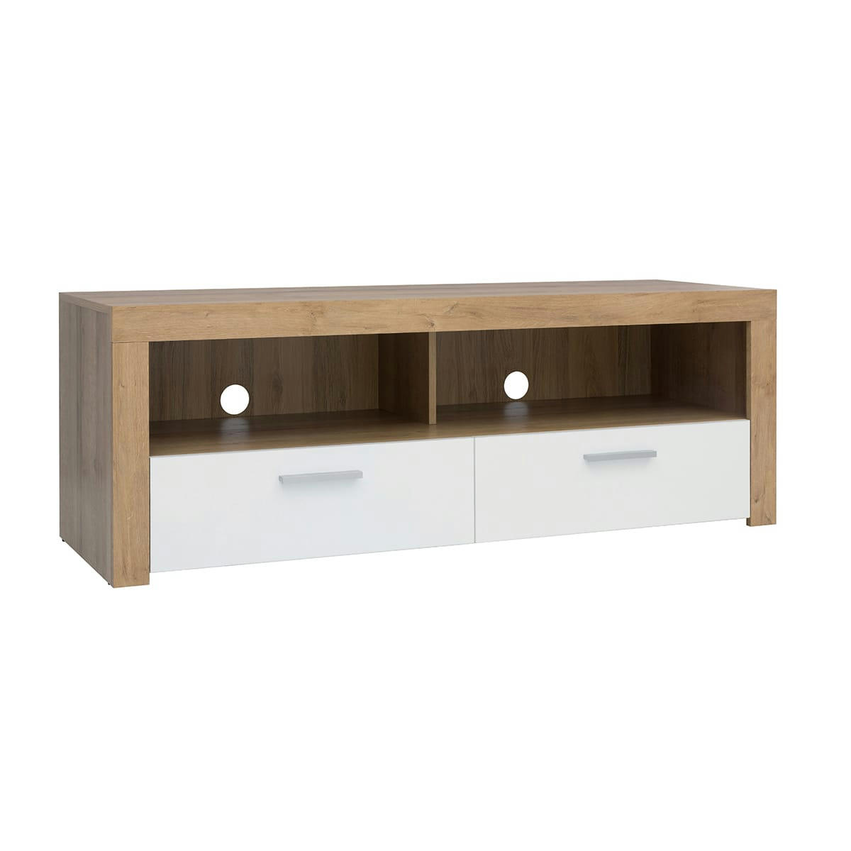 - Meuble tv 2 tiroirs 2 niches 135 cm blanc et naturel
