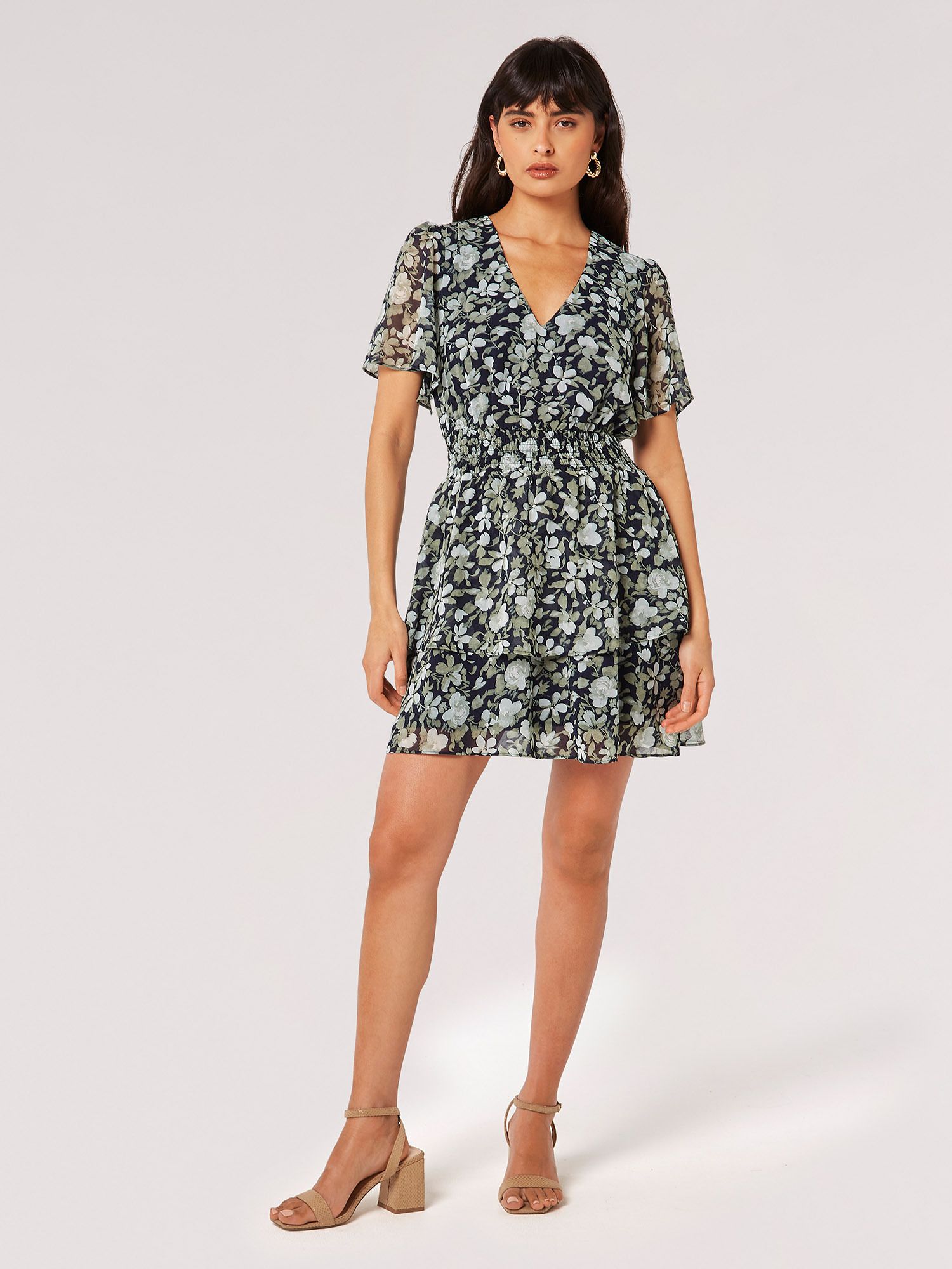 Apricot Watercolour Rose Tiered Mini Dress