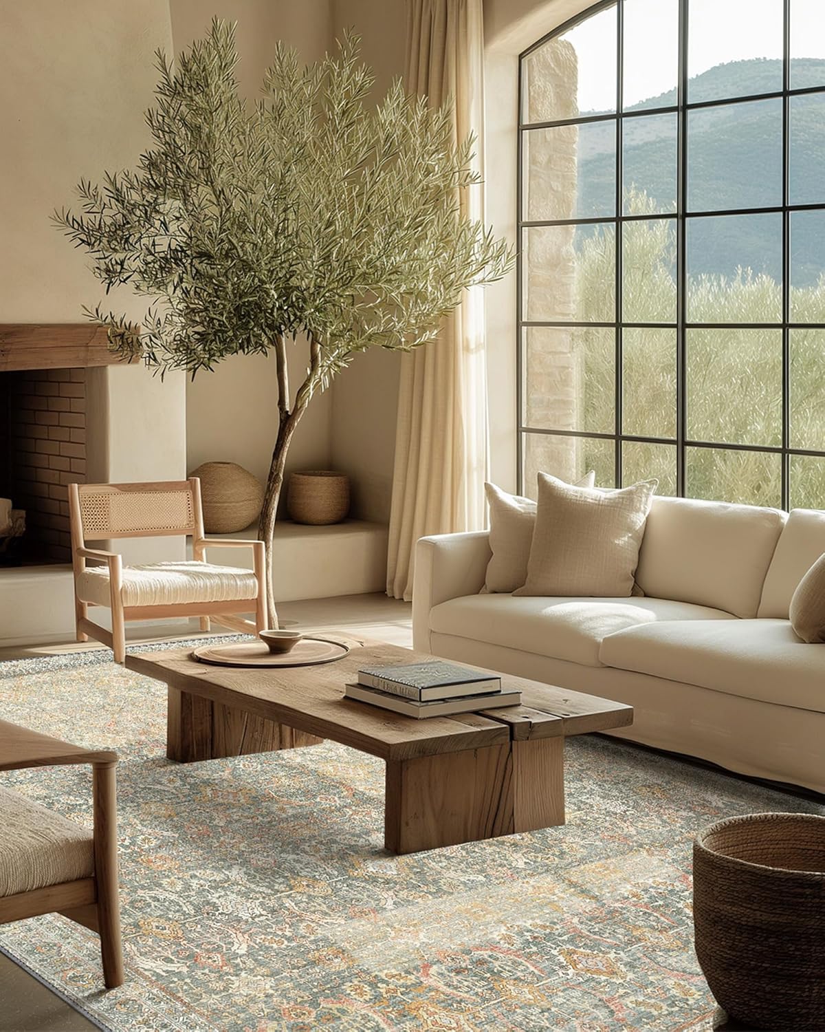9X12 Amber Gold Area Rug, Vintage Boho Distressed Large Floor Rug, Machine Washable Non Slip Low Pile Lightweight Carpet for Living Room Bedroom Dining Room, Soft Indoor Home Decor