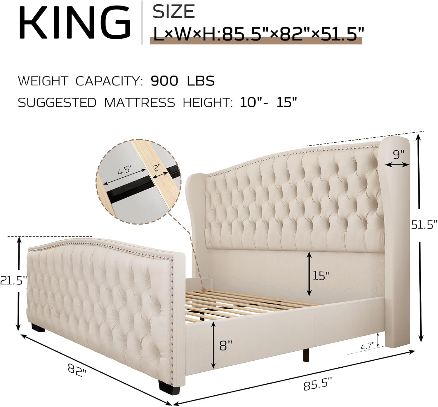 King Platform Bed Frame with Wingback Headboard, Velvet Upholstered Bed Frame with Handmade Button Tufted & Nailhead, Wooden Slats Support, Cream