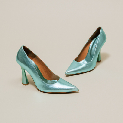 Escarpins à talons hauts et bouts pointusen cuir métallisé turquoise | DABATE