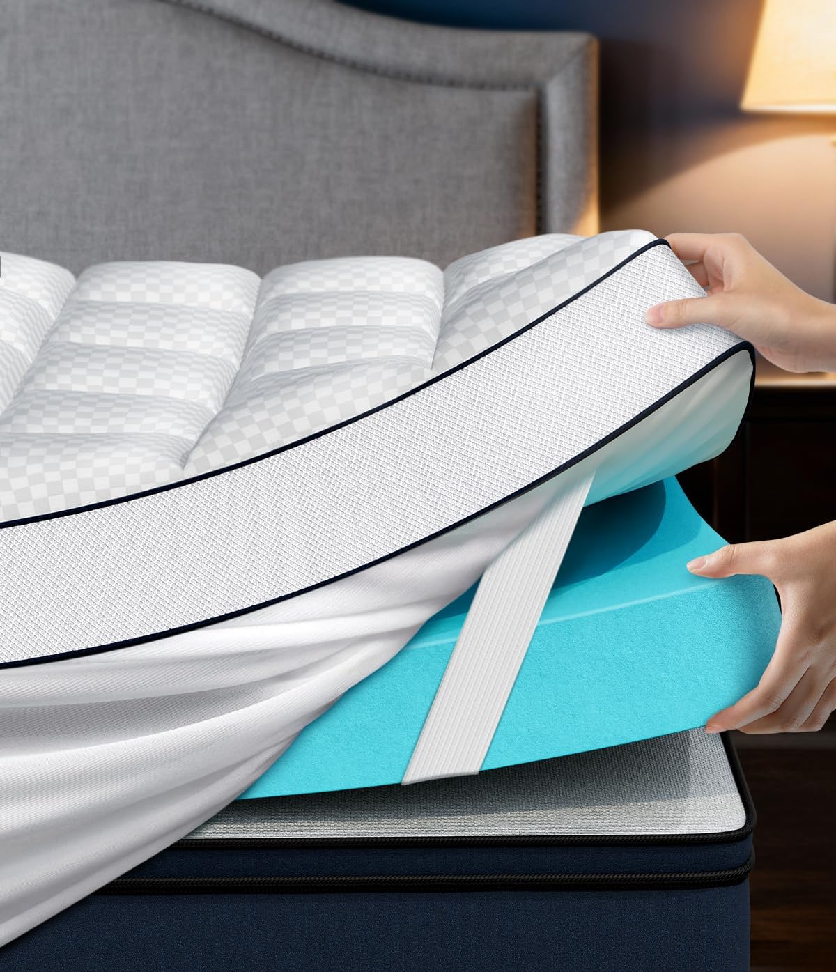 Dual Layer 4 Inch Memory Foam Mattress Topper King Size, 2 Cooling Gel Memory Foam & 2 Pillow Top Mattress Pad Cover for Back Pain Relief, Deep Elastic Pocket, Medium Support, White
