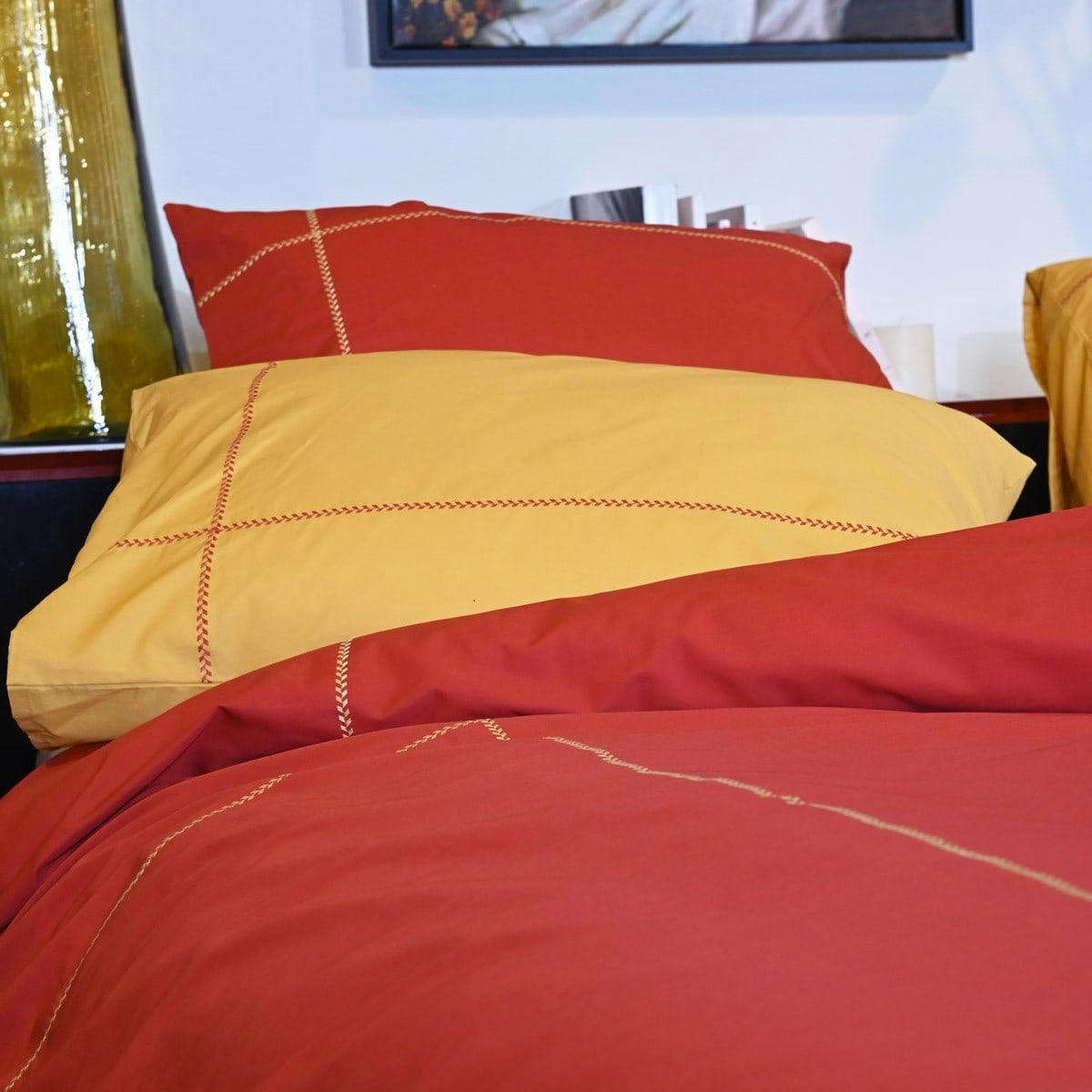 CHEVRON - Housse de couette brodée en percale Terracota 260x240 cm