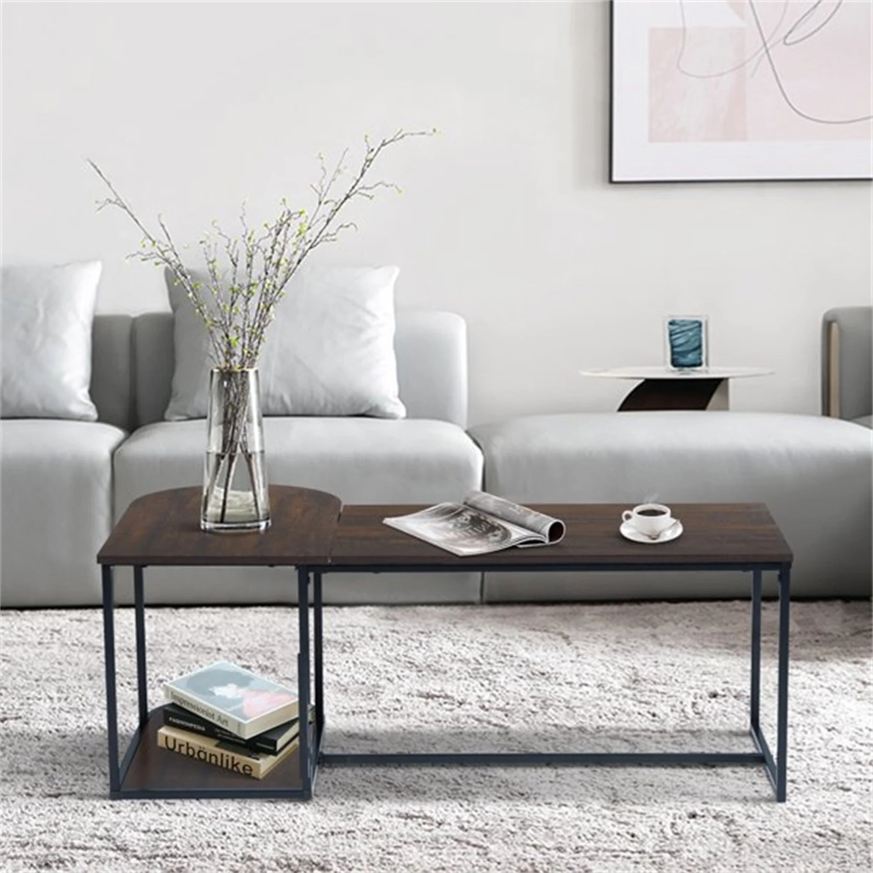 Modern Rectangular Wood Grain Top Coffee Table with Metal Frame