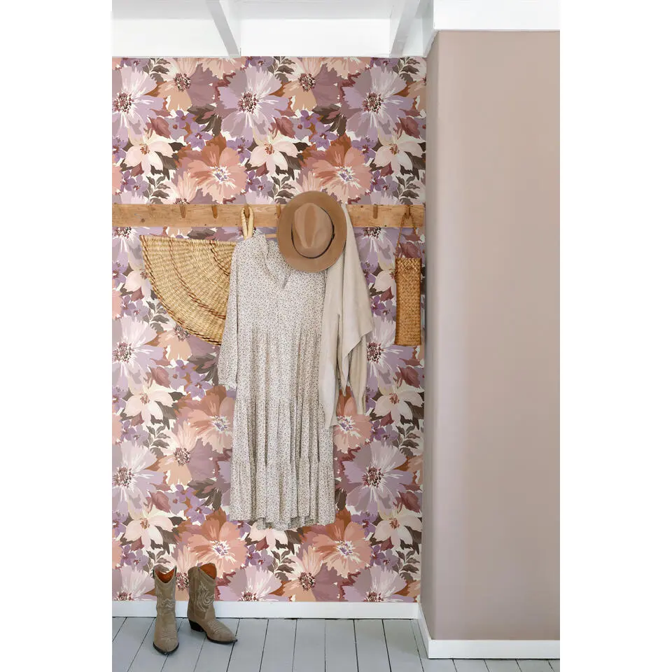 ESTAhome behang bloemen mauve paars en terracotta - 50 x 900 cm