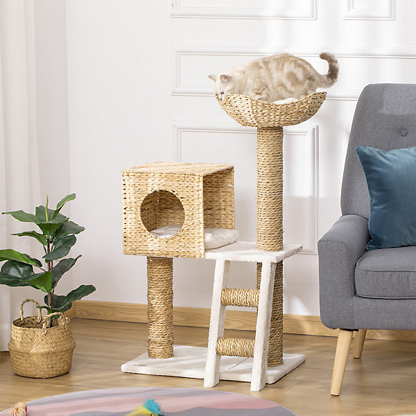 Arbre à chat style cosy chic griffoirs quenouille échelle niche panier 2 coussins inclus peluche courte haute densité crème beige