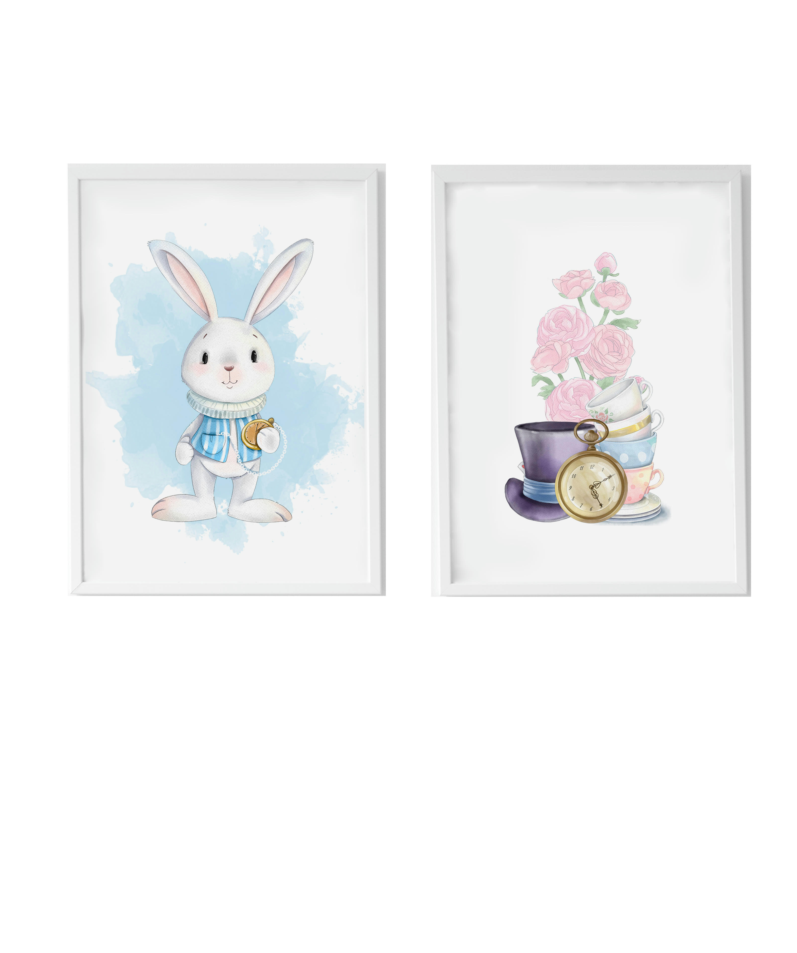 DECOWALL - Pack encadré bois blanc impression le lapin et fleurs 43X33 cm