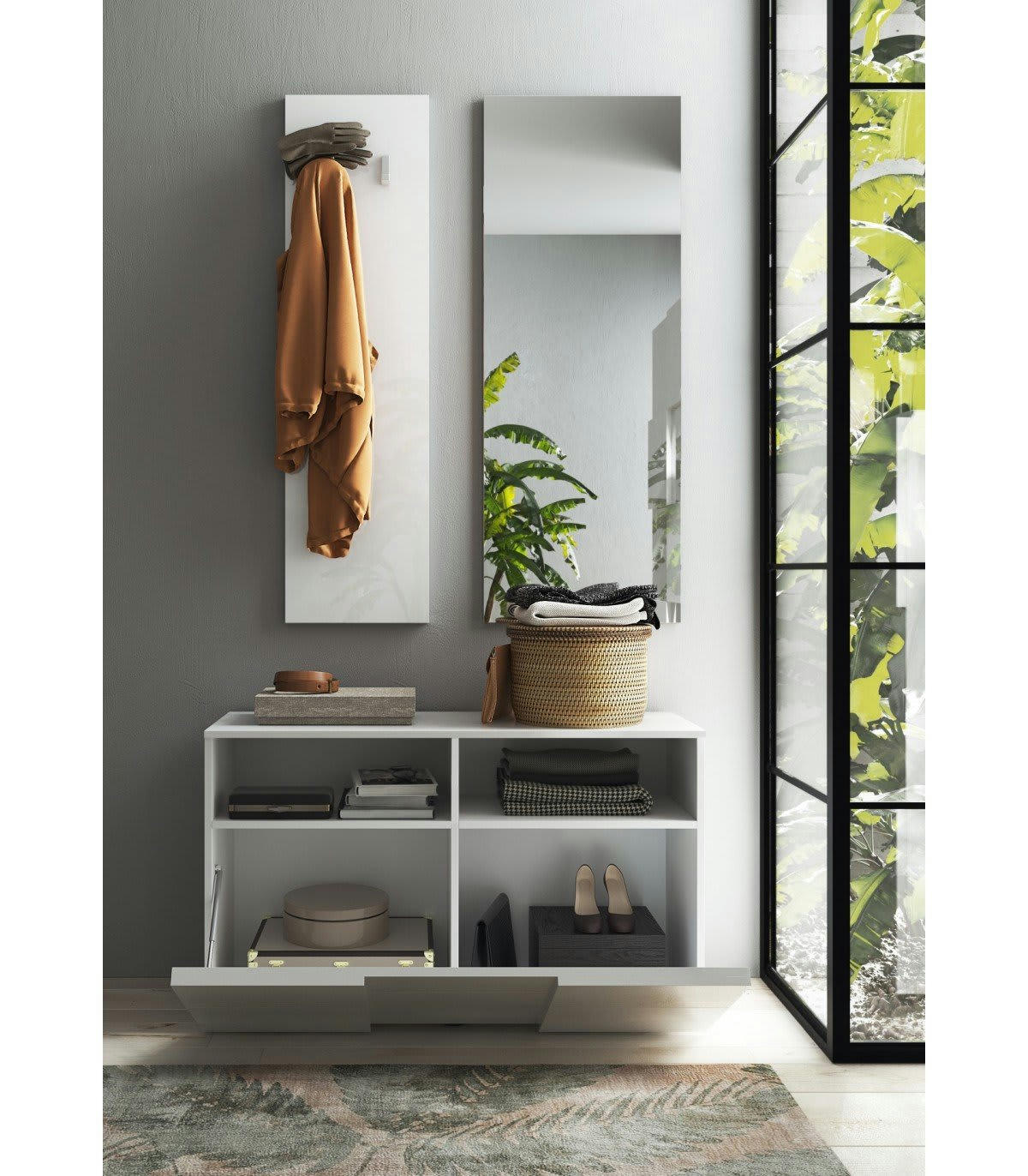 DAMA - Set 3 pièces avec petit meuble, porte manteau mural et miroir