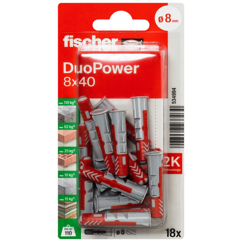 Cheville DuoPower en nylon avec collerette Ø 8 x 40 mm 18 pièces