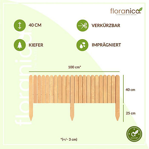 Floranica Bordure de Jardin en bois 40 x 100 cm Nature Bordurette de Pelouse Bordure de Gazon avec piquets Bordure de parterre