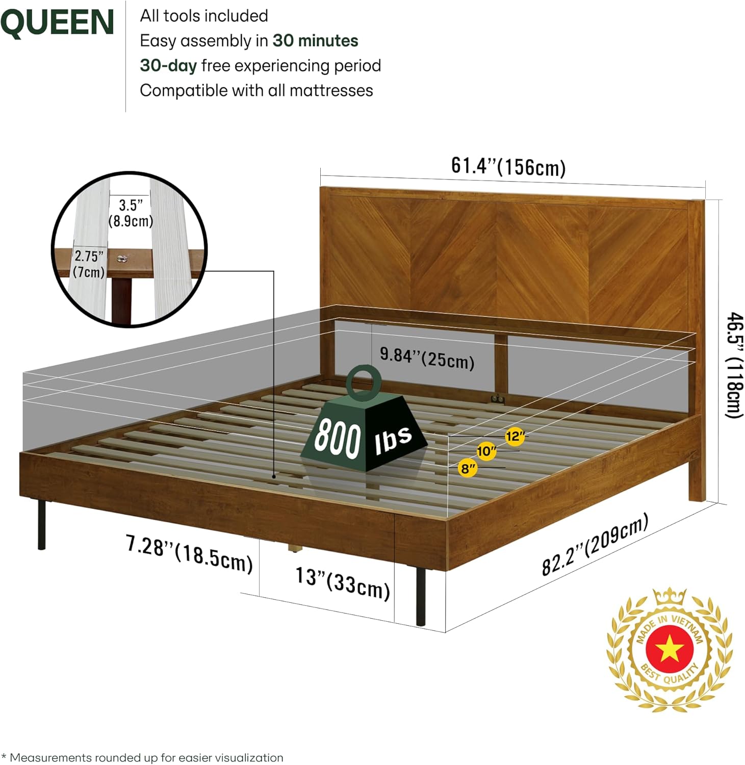 Acacia Alander Bed Frame with Headboard Bed Frame Queen Size Solid Wood Platform Bed, Scandinavian Signature High Headboard Wood Bed Compatible with All Mattress Types, 30 Mins Assembly, Walnut