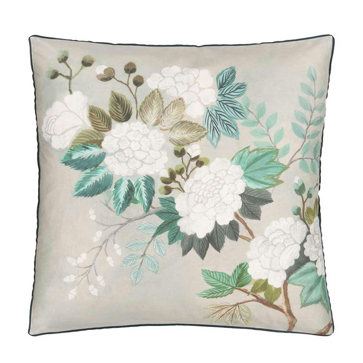FLEUR ORIENTALE - Taie d'oreiller imprimée en satin de coton vert 65x65