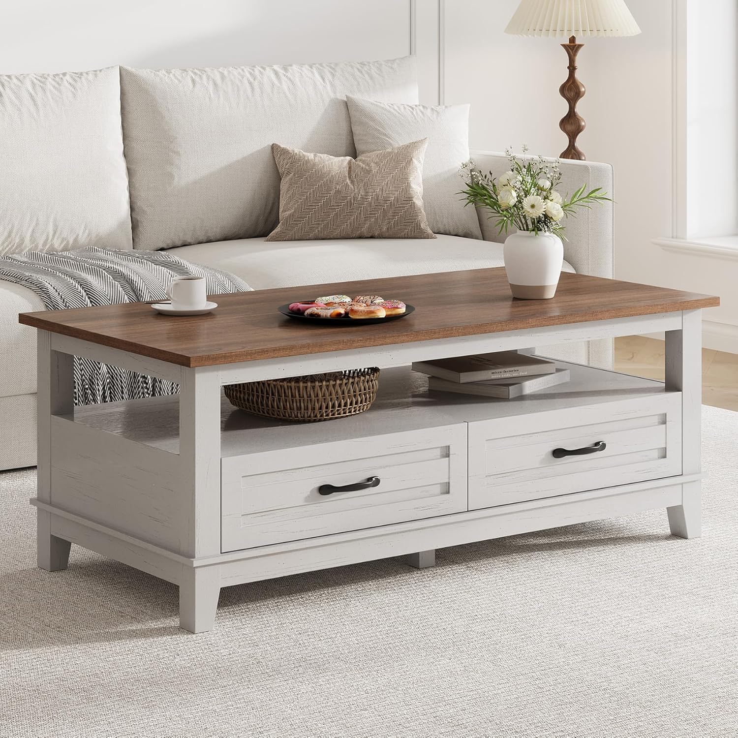 GarveeHome Farmhouse Coffee Table with Drawers, 47.2 in Center Table Rustic Coffee Tables White Brown Living Room Table, with Open Shelf and 6 Support Legs