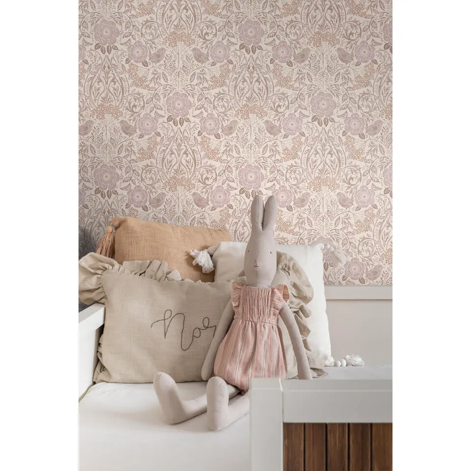 ESTAhome behang bloemen en vogels zand beige en lila paars - 53 cm x 10.05 m