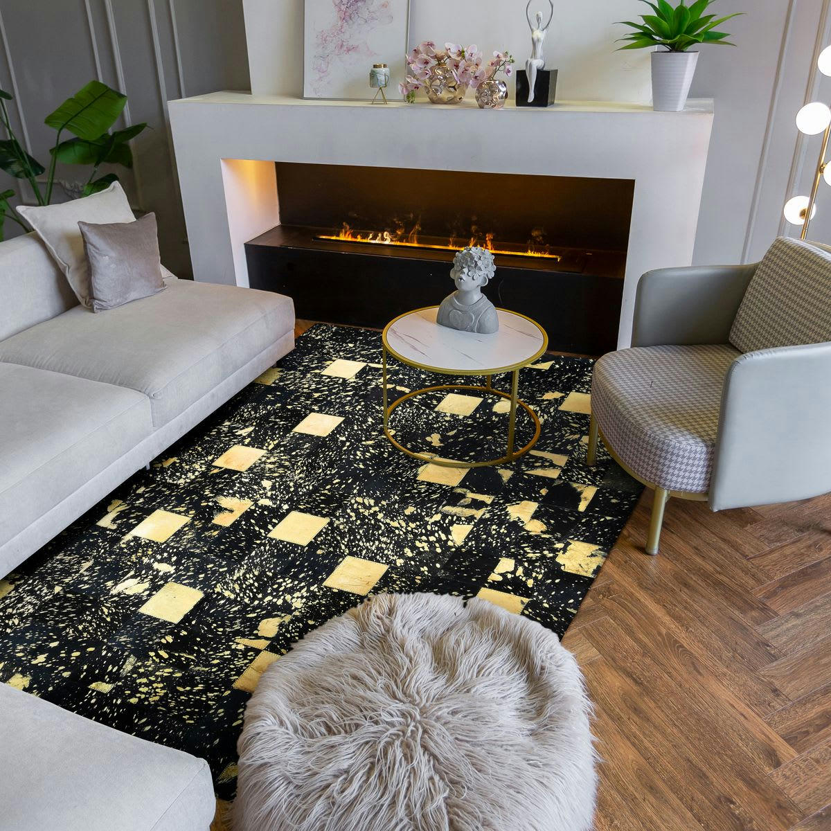 CUIR - Tapis recyclé cuir éclats or noir 120x170