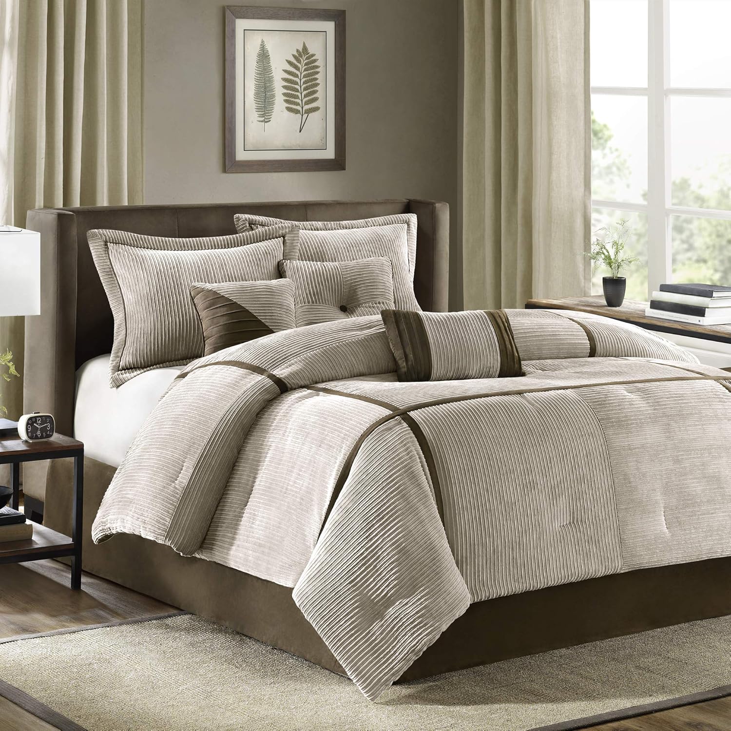 Madison Park Cozy Comforter Set Casual Blocks Design All Season, Matching Bed Skirt, Decorative Pillows, King(104x92), Dallas Corduroy, Taupe Brown, 7 Piece