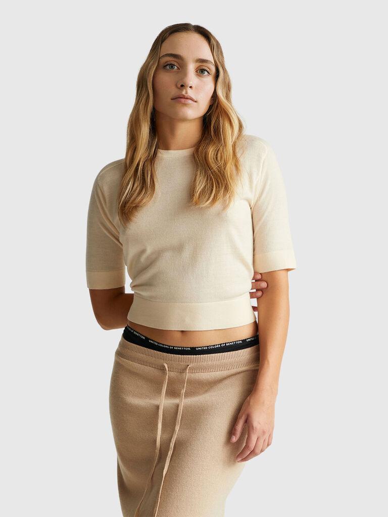 Short sleeve sweater in pure Merino wool
