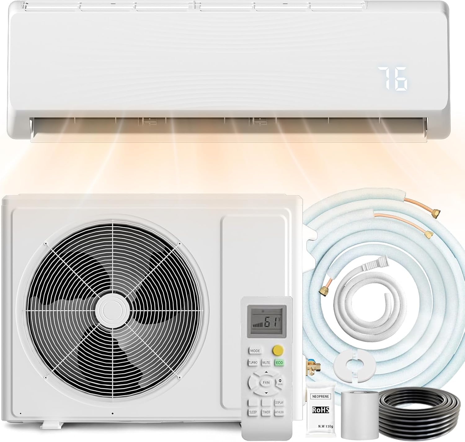 Mini Split Air Conditioner with Heat Pump, 18000 BTU 19 SEER2 230V Energy Efficient Ductless Inverter, 1 Ton Pre-Charged Condenser Cools Up to 1250 Sq.Ft with Installation Kit
