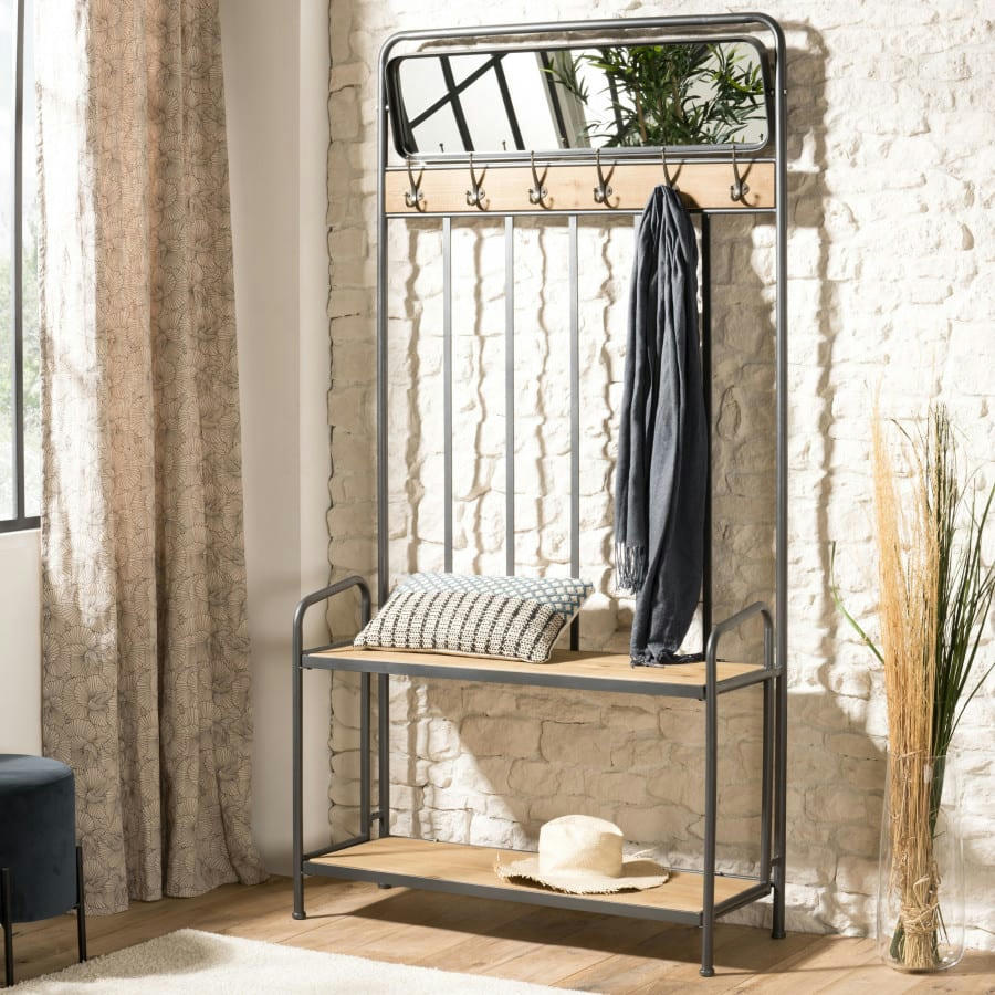 DORIANE - Meuble d'entrée porte-manteau miroir 2 étagères sapin métal