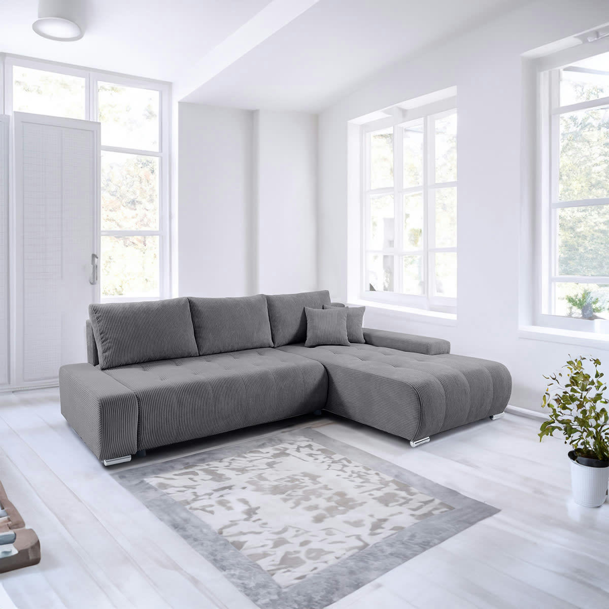 - Canapé d'angle convertible droit 4 places coffre velours côtelé gris