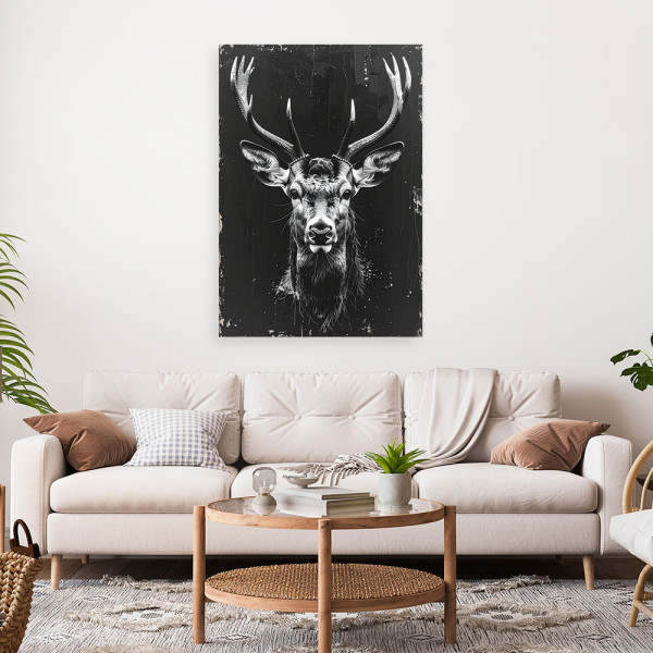 Obraz do salonu biura loftu hotelu, Srebrna Głowa Jelenia na czarnym 20x30