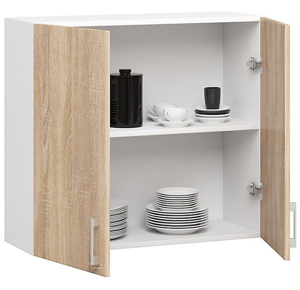 Meuble de cuisine suspendue : 2 portes, 2 étagères, blanc / Chêne Sonoma, 80 x 72 x 30,5 cm