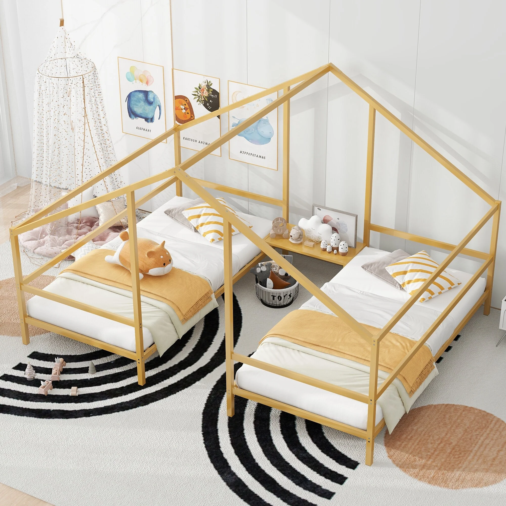 Twin Size Metal Double Triangular House Beds with Built-in Table