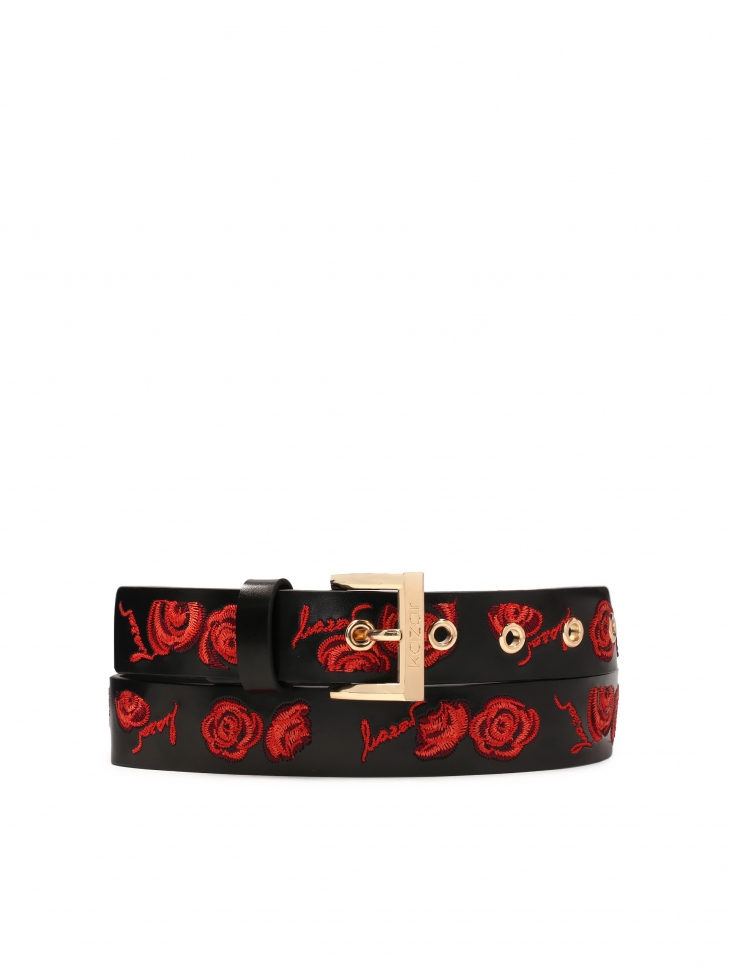 Black leather belt embroidered with red roses