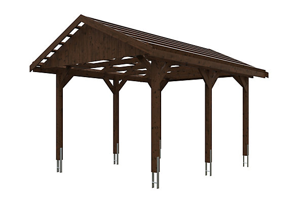 Carport SKAN HOLZ Wallgau 380 x 500 cm, traitement coloré noyer, avec lattis