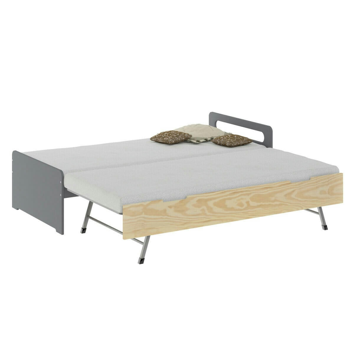 LOUNA - Lit gigogne 90x190 cm bois massif gris et bois