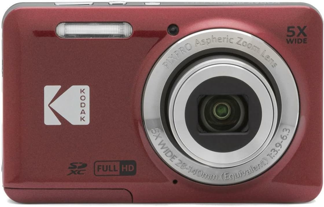 KODAK PIXPRO Friendly Zoom FZ55 Digital Camera (Red) Bundle with 32GB SD Card  Camera Case  and Battery Travel Charger (4 Items)