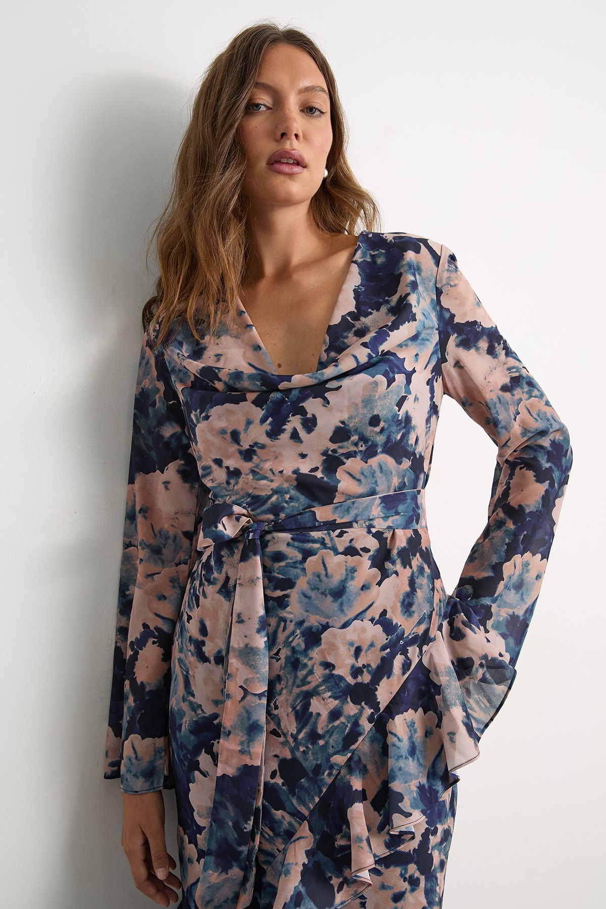 Warehouse Long Sleeve Cowl Neck Floral Print Ruffle Detail Maxi Dress