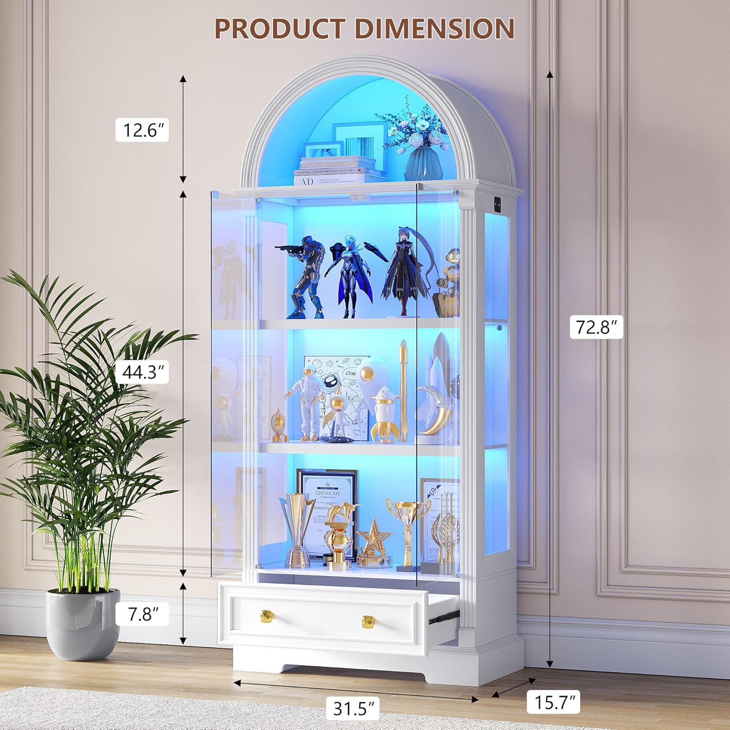 Arched Display Cabinet with Glass Doors, 72 Tall Curio Cabinet with Human Sensor Lights, 4-Tier Display Case for Collectibles Bookcase Living Room