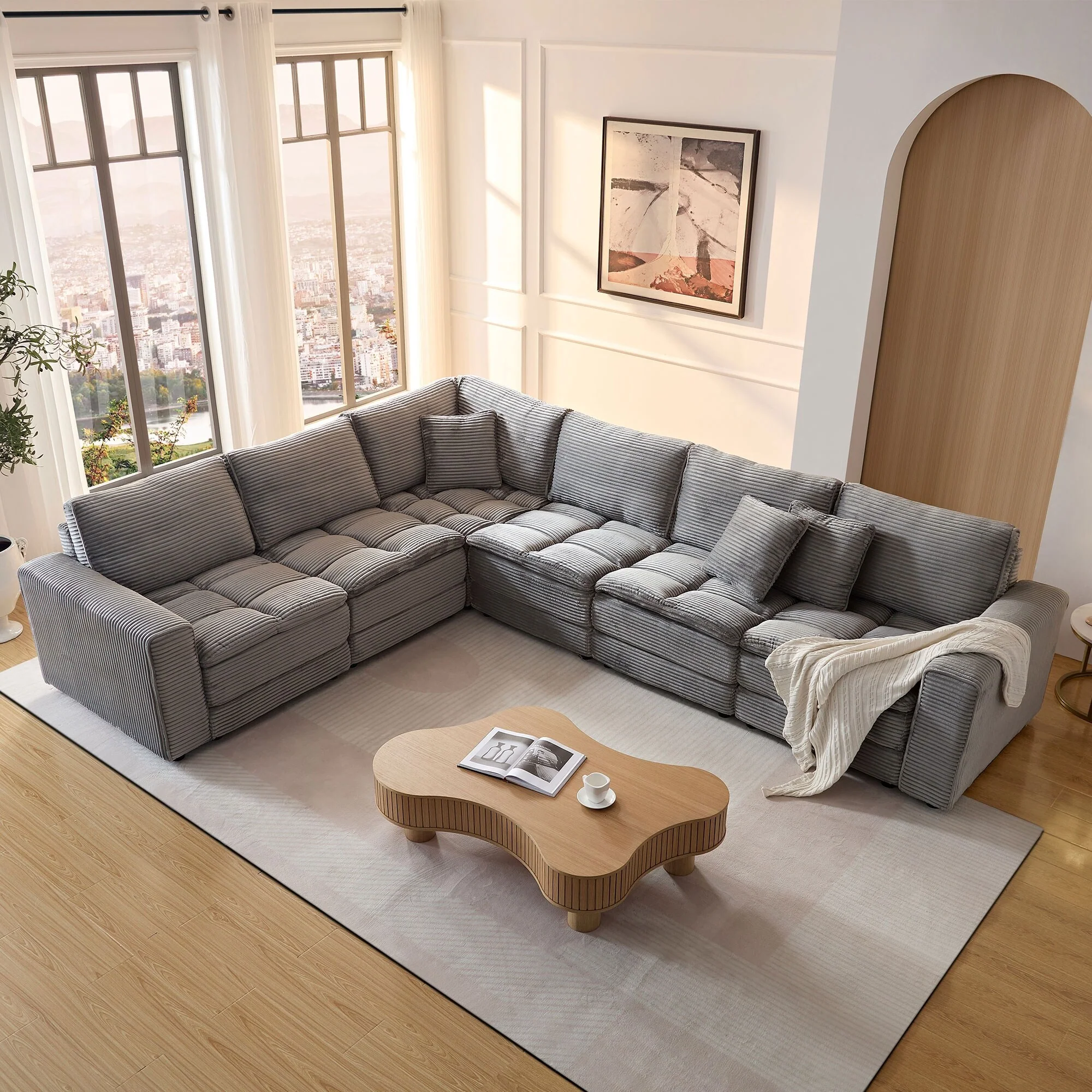Modern Modular Corduroy Sofa with High Density Foam and Pocket Springs and Throw Pillows for Living Room and Guest Room