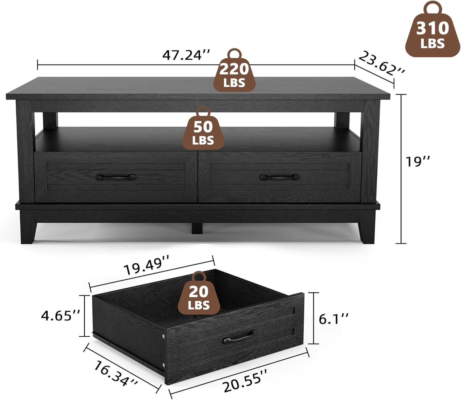 GarveeHome Farmhouse Coffee Table with Drawers, 47.2 in Center Table Rustic Coffee Tables Black Living Room Table, with Open Shelf and 6 Support Legs